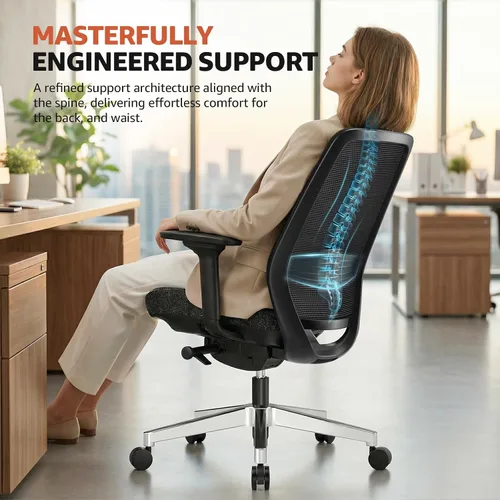 Vista 3 de ErgoSift M2 - Silla ergonómica de oficina – Silla de escritorio de malla con respaldo alto con soporte lumbar ajustable, reposabrazos 4D para largas