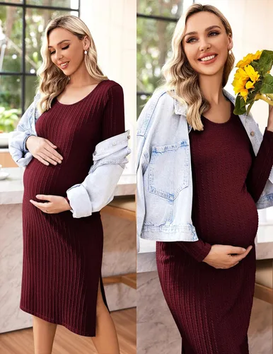 Vista 2 de Ekouaer Maternity Dress Rib Knit Long Sleeve Side Slit Bodycon Dresses Pregnancy Baby Shower Clothes S-XXL