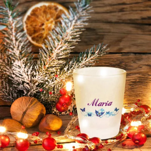 Vista 6 de Taza de cristal de cerámica azul de mariposa femenina con texto personalizado