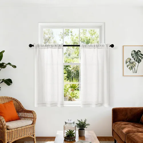 Vista 52 de Cortinas de cocina de lino semitransparente beige de 24 pulgadas de largo, 2 paneles Cream, Cafe Short Curtains, for Bathroom Small Windows, Light