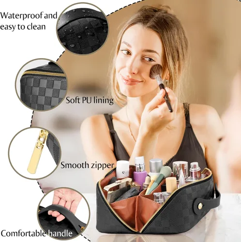 Vista 5 de Bolsa de cosméticos de viaje de gran capacidad - Bolsas de maquillaje portátiles para mujeres, impermeable, de cuero PU a cuadros, con organizador