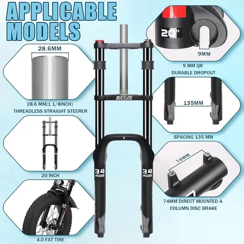 Vista 2 de BUCKLOS 20 pulgadas 4.0 Fat Tire Bike Suspension Tenedor, 7.087 in Travel 5.315 in Spacing Hub 0.354 in QR Ebike Oil MTB Fat Fork, Doble Corona