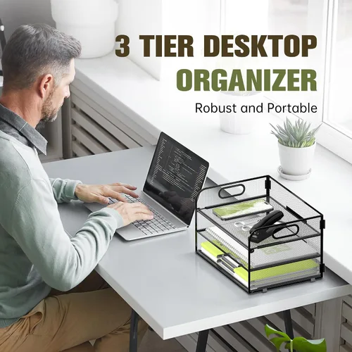 Vista 2 de Daltack Organizador de papel de 3 niveles con asa, organizador de escritorio de malla, bandeja de cartas, organizador de archivos para carpetas A4