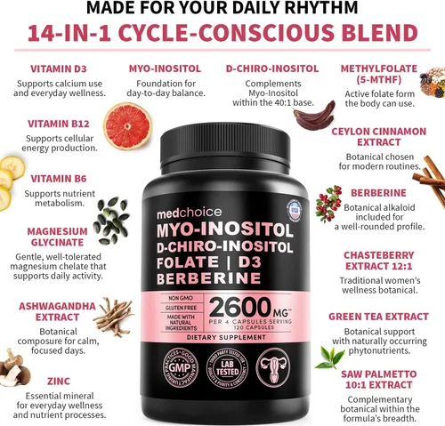 Vista 4 de Suplemento complejo de inositol 14 en 1 para mujeres, inositol mio y D-Chiro 40:1 con folato, vitamina D3, zinc, magnesio y botánicos para apoyo