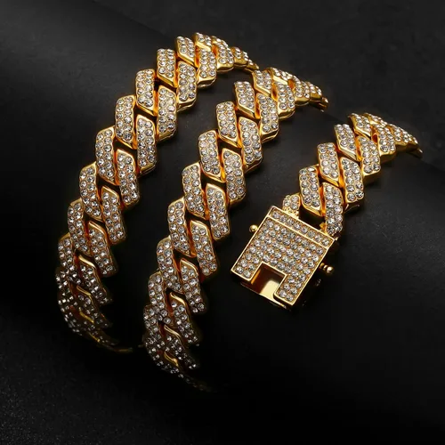 Vista 4 de Cadena de eslabones cubanos chapada en oro de 18 quilates para hombres y mujeres, diseño helado en plataorooro rosa, collar cubano de Miami, joyería
