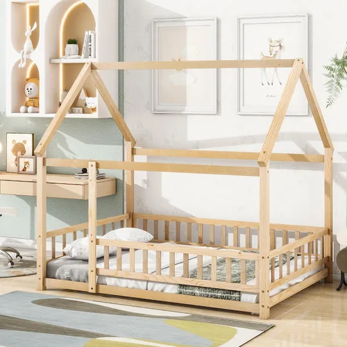 Vista 13 de Cama individual de madera con barandilla de valla para niños y niñas, tienda de campaña con toldo con techo (gris)