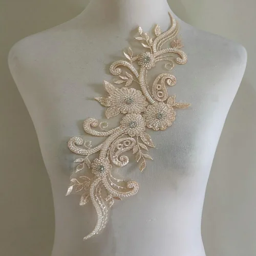 Vista 7 de Apliques de encaje con cuentas 3D Luz Lujo Ropa Collar Ramillete Bordado Accesorios (azul oscuro)