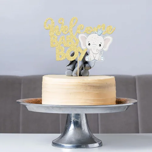 Vista 8 de Gyufise 1 pieza de decoración de pastel de bebé con purpurina dorada para baby shower, elefante para pasteles, decoración para recién nacidos