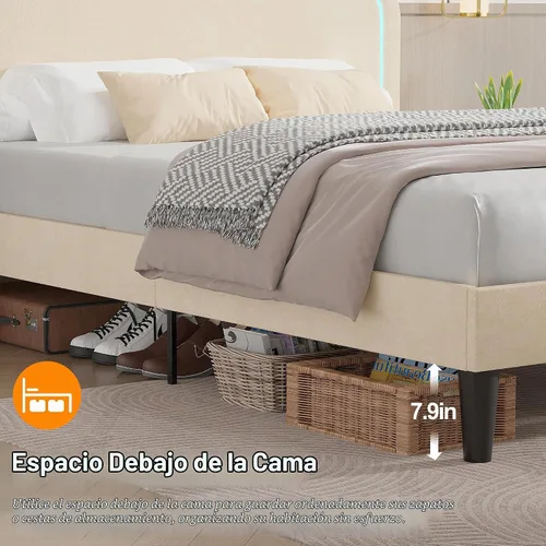 Vista 5 de VECELO Base de cama tapizada tamaño Queen con cabecero ajustable, luces LED, USB-A y tipo C, plataforma de terciopelo sin ruido, base de colchón