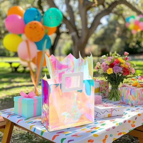 Vista 6 de VUOJUR 2 bolsas de regalo pequeñas reutilizables de 8.3 pulgadas con papel de seda - Coral e iridiscente