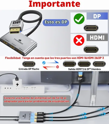 Vista 2 de DisplayPort a HDMI dual con adaptador DP (4K @60Hz) Pantalla extendida 1 en 3 salidas MST Hub para múltiples monitores compatible con tarjeta