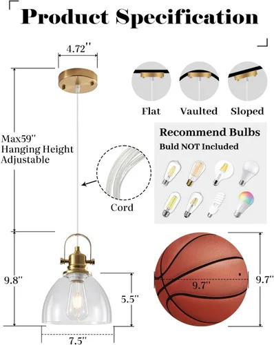 Vista 3 de Luces Colgantes de Vidrio para Isla de Cocina, 7.5 pulgadas Luces Colgantes de Vidrio Dorado 1-Paquete, Lámpara Colgante Moderna con Pantalla