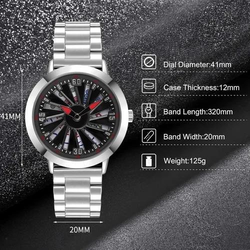 Vista 6 de RORIOS Relojes creativos para hombre, reloj analógico de cuarzo con correa de acero inoxidable, reloj giratorio de rueda de automóvil 3D, relojes