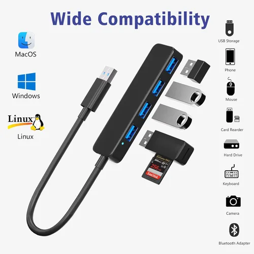 Vista 4 de Concentrador USB 3.0, divisor de concentrador USB de 4 puertos, expansor USB ultrafino, concentrador USB portátil para laptop, Xbox, unidad flash