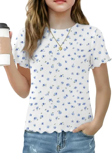 Vista 12 de Arshiner Camisas de manga corta con ribete de lechuga para niñas, camisetas de verano acanaladas con cuello redondo Blanco