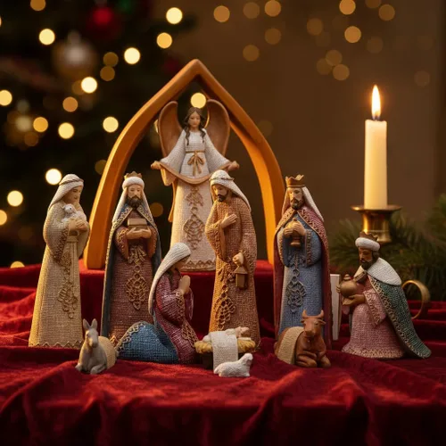 Vista 2 de Comfy Hour Faith and Hope Collection Baby Jesus, Santa Familia con Ángel, Belén de Navidad, juego de 11 piezas, poliresina