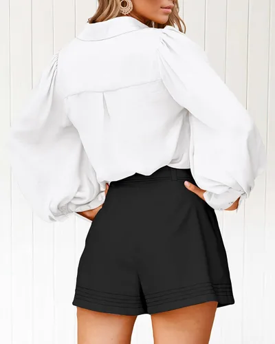 Vista 4 de BTFBM Camisas de satén con botones para mujer, para verano, otoño, manga larga, solapa, cuello en V, blusa suelta casual para oficina y trabajo