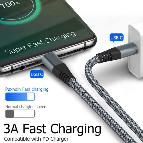 Vista 2 de Puxnoin Cable USB C a USB C de 6 pies y 60 W, paquete de 3 cables USB C, cable de carga PD tipo C de carga rápida compatible con iPhone 15, MacBook