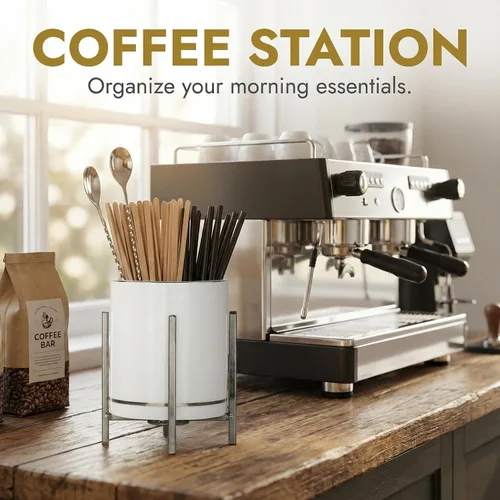 Vista 4 de Organizador de cerámica para cubiertos, soporte redondo para utensilios, soporte para utensilios de cocina para encimera, taza de cerámica con borde