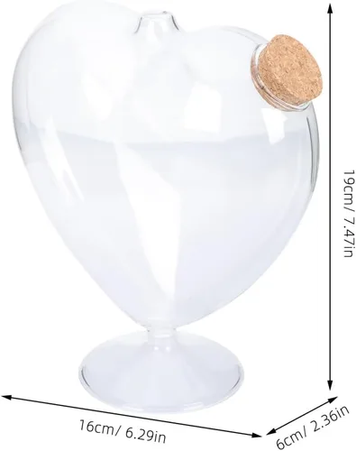 Vista 3 de Operitacx Botella de cristal con forma de corazón de 7 pulgadas con tapón de corcho, tarro decorativo transparente para estrella de origami, jarrón