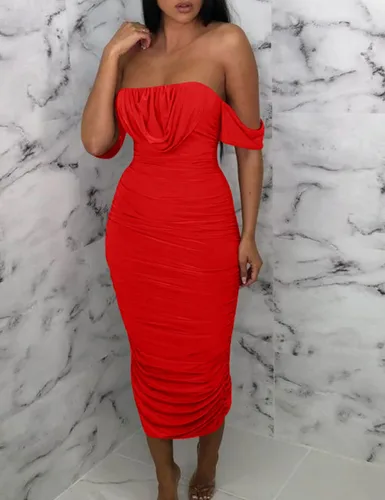 Vista 3 de HOCILLE Vestidos de tubo para mujer, sexy, fruncido, sin tirantes, con hombros descubiertos, para fiesta