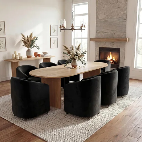 Vista 18 de Sillas de comedor de barril con ruedas, sillas tapizadas de lino beige para comedor y cocina, sillón lateral moderno con ruedas para dormitorio