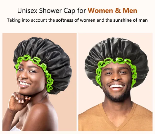 Vista 2 de Gorro de ducha negro extra grande para mujeres y hombres con cabello grueso, largo y trenzas, reutilizable, impermeable, de doble capa XL, gorros