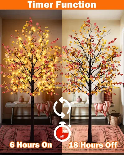Vista 6 de Árbol de eucalipto de otoño iluminado, árbol de otoño sintético de 7 pies con 128 luces LED, árbol de eucalipto artificial iluminado para otoño