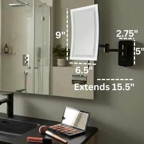 Vista 5 de JERDON Espejo de maquillaje rectangular para montaje en pared con aumento 5X, espejo de maquillaje de alambre directo con luces LED, negro mate