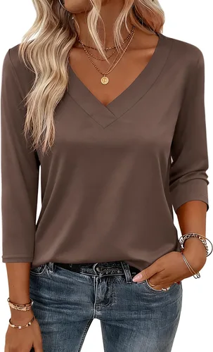 Vista 24 de Zeagoo Camisetas de manga 3/4 para mujer, cuello en V, blusa casual elegante, camisetas básicas 2026, ropa de moda S-2XL