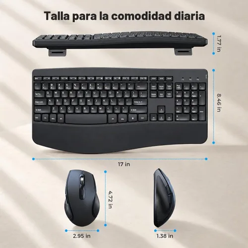 Vista 6 de Combo de teclado y mouse inalámbricos, teclas de onda ergonómicas 2.4G Negro