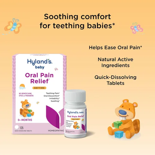 Vista 3 de Hyland's Tabletas calmantes diurnas para bebés con manzanilla, alivio natural de las molestias orales, irritabilidad e hinchazón, hasta 62 dosis