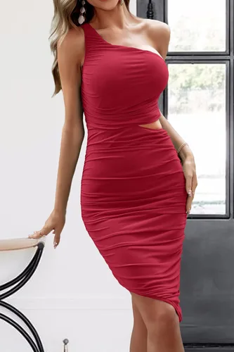 Vista 4 de MASCOMODA Women's 2023 Summer One Shoulder Sexy Bodycon Dress Sleeveless Cutout Ruched Midi Dress Party Cocktail Sun Dresses