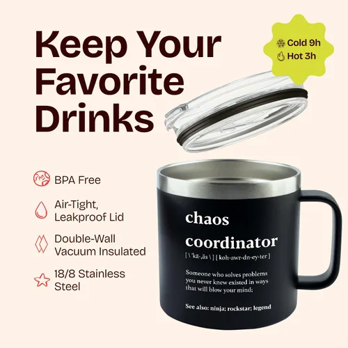Vista 8 de Chaos Coordinator - Vaso negro de 14 onzas para hombre, diseño de agradecimiento, corporativo, día del jefe, regalos de oficina para hombres, tazas
