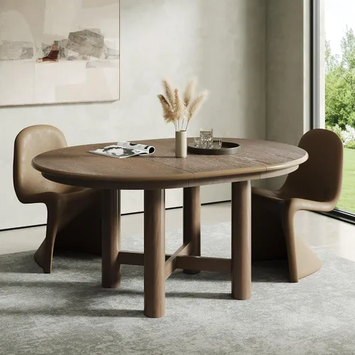 Vista 12 de Mesa de comedor extensible ovalada de madera con base de pedestal Marrón