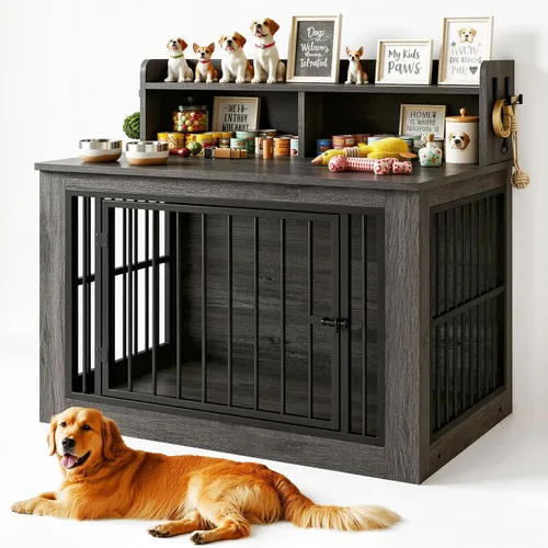 Vista 10 de IRONCK Mueble de jaula extragrande para perros, jaula de madera de 43.3 pulgadas con almacenamiento y 4 ganchos, jaula resistente para perros