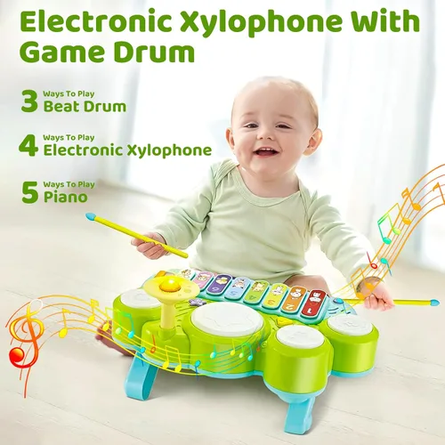 Vista 3 de Marstone Juguetes para niños y niñas de 1 año: Juguetes musicales para bebés de 1 a 3 años, juego de batería de piano para bebés de 6 a 12 meses, 12