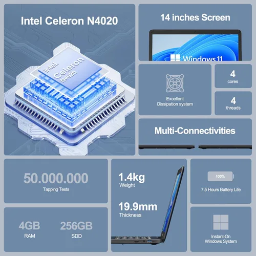 Vista 2 de Itel Celeron N4020 - Computadora portátil de 14 pulgadas (doble núcleo), gráficos UHD 600, 4 GB de RAM 256 GB SSD, pantalla HD de 14 pulgadas, ultra