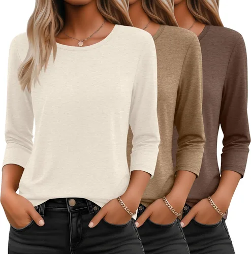 Vista 36 de Ficerd Paquete de 3 camisetas de manga 3/4 para mujer, cuello redondo, camisetas básicas elegantes, casuales, modernas, holgadas