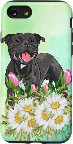 Vista 13 de Funda para iPhone 15 con diseño floral de Staffordshire Terrier Dog Daisy Tulipán Flores Pitbull