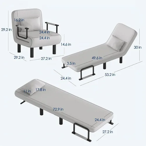 Vista 3 de Furniliving Sofá cama plegable 4 en 1, silla convertible con respaldo ajustable de 6 posiciones, tumbona tapizada con almohada, sillas decorativas