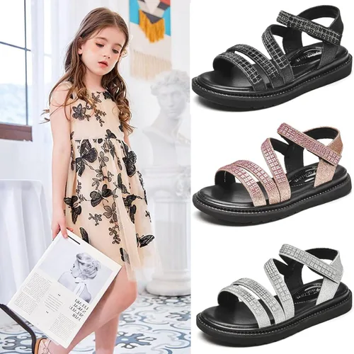 Vista 2 de DADAWEN Sandalias de verano para niñas con diamantes de imitación y puntera abierta con purpurina para exteriores (bebésniños pequeñosniños grandes)