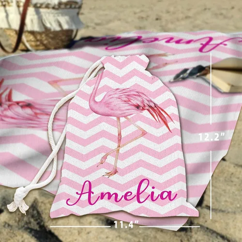 Vista 3 de Toallas de playa personalizadas de flamenco para niños y adultos, toalla de playa con nombre personalizado para niños y niñas, toalla de baño