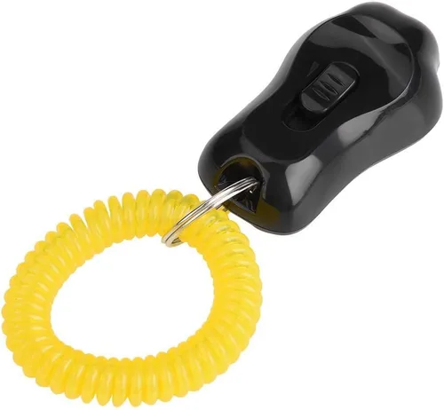 Vista 7 de Yosoo Clicker Entrenamiento para perros, ajustable de 3 engranajes para entrenamiento de perros con forma de clicker con correa de muñeca para gatos