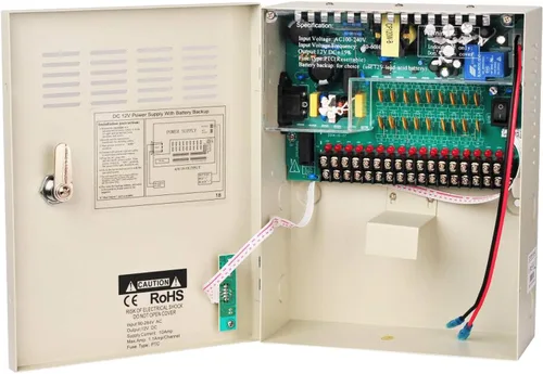 Vista 5 de 9 canales 9 vías 12V 5Amp DC gabinete de metal en caja regulada unidad de fuente de alimentación con enlace de batería de respaldo para alarmas