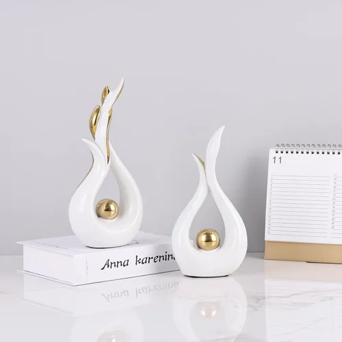 Vista 3 de Juego de 2 esculturas abstractas de cerámica con llamas, figuras modernas para centro de mesa de sala de estar, decoración de mesa de comedor, Oro