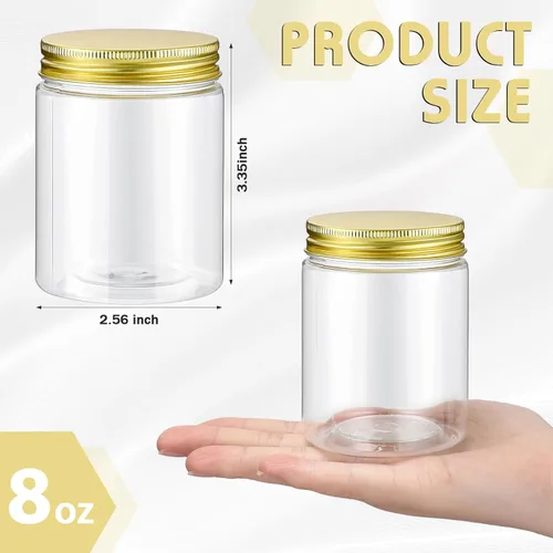 Vista 2 de Wesiti 30 tarros de plástico transparente de 8 onzas con tapas doradas, rellenables, redondos, vacíos, de plástico, reutilizables, para cocina