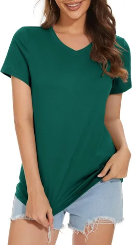 Vista 3 de MAGCOMSEN Women's Short-Sleeve V-Neck Cotton T-Shirt Classic-Fit Casual Shirt Breathable Tee Summer Basic Tops