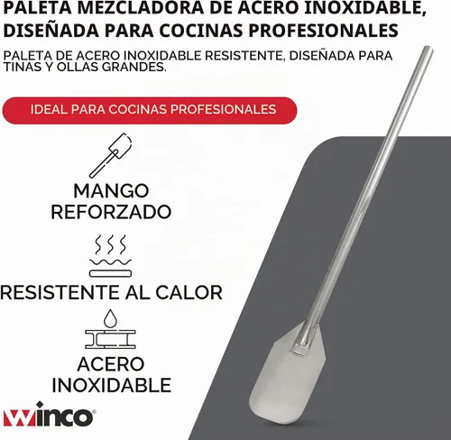 Vista 3 de Winco Paleta mezcladora de acero inoxidable de 36" Resistente, mango reforzado, bordes contorneados