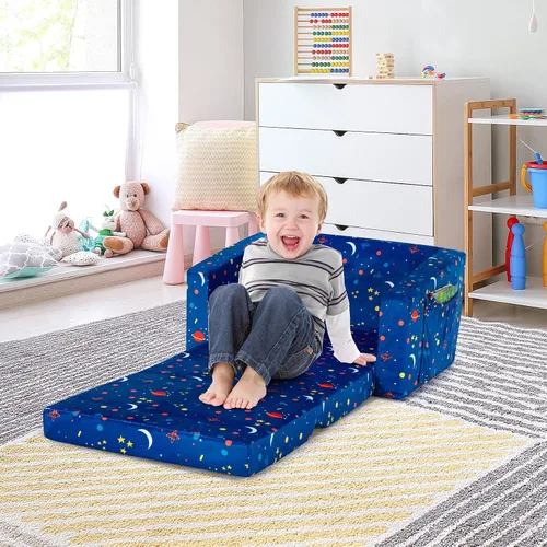 Vista 5 de Costzon Sofá para niños, sofá infantil abierto 2 en 1 con tela de terciopelo, bolsillos de almacenamiento, reposabrazos para niños pequeños, cama